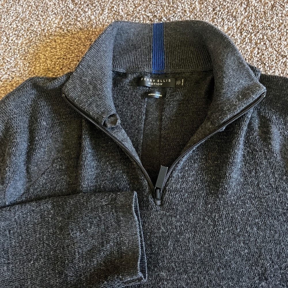 Perry Ellis Motion Merino Wool Blend Quarter Zip Pullover Gray‎ Sweater XXL